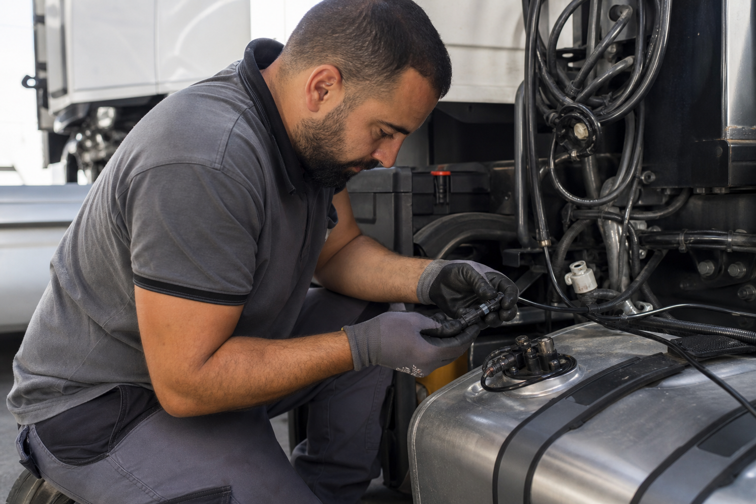 Installation sonde carburant sur camion professionnel