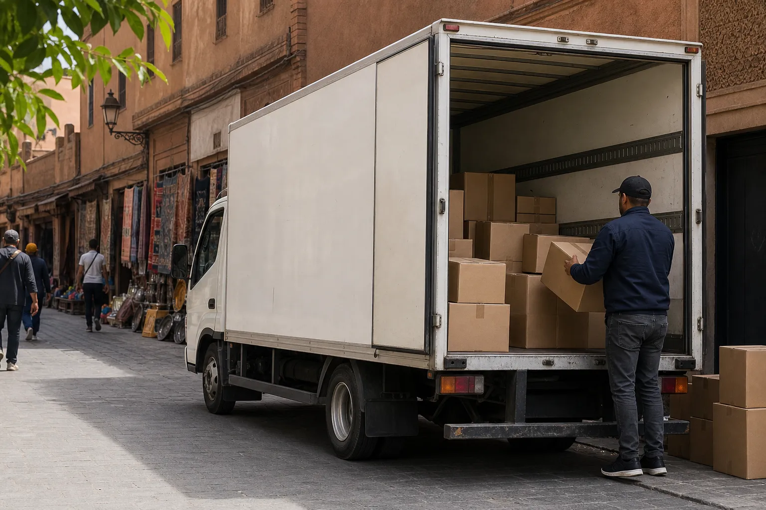 Camion de distribution urbaine dans une rue, contexte ADAS et BSD pour angles morts