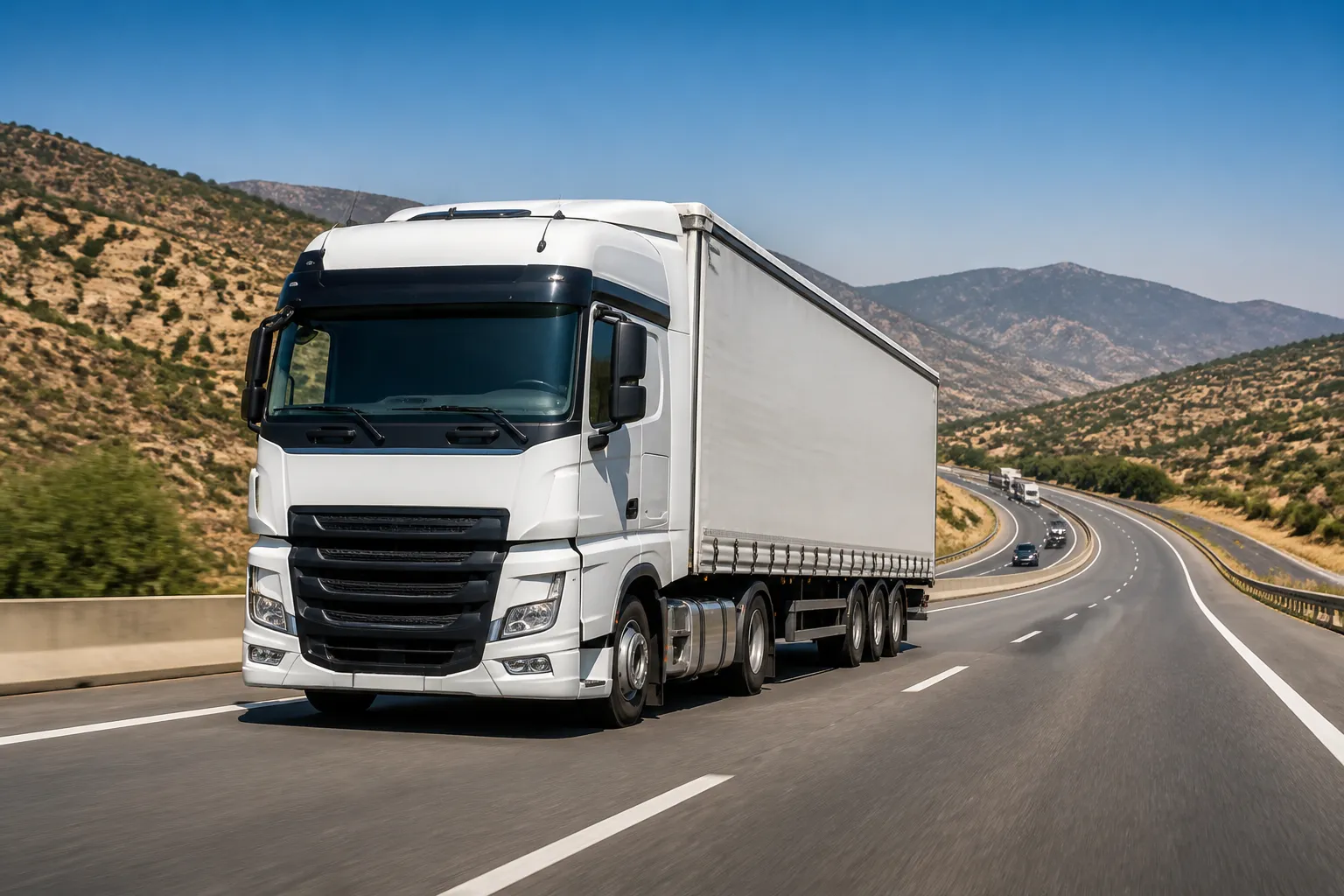 Camion de transport longue distance sur route, contexte de vigilance conducteur et dashcam professionnelle