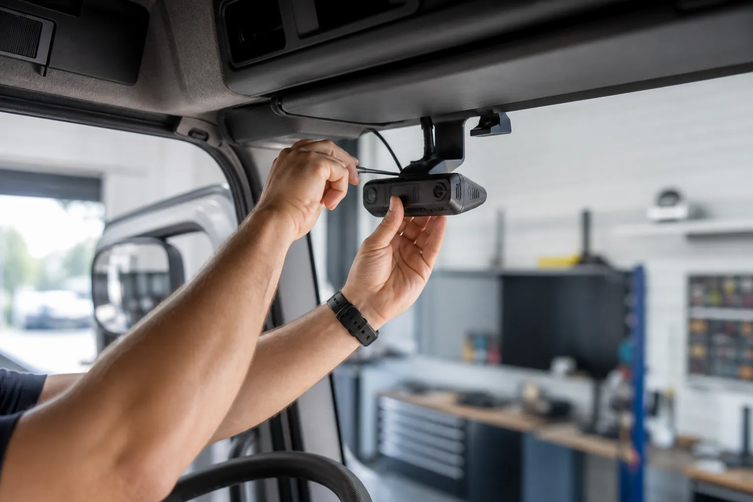Technicien télématique installant une dashcam professionnelle dans un camion