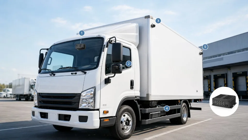 Camion équipé d’un système MDVR multi-caméras numérotées, avec enregistreur central — comparaison vidéo-télématique flotte