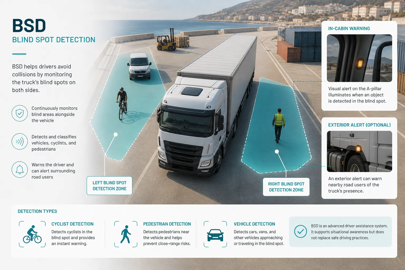 Illustration du fonctionnement BSD : zones d'angle mort latérales d'un camion avec détection d'usagers et alertes