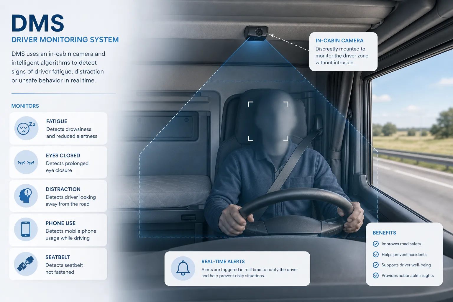 Illustration du fonctionnement DMS : caméra cabine surveillant fatigue, distraction, téléphone et ceinture du conducteur