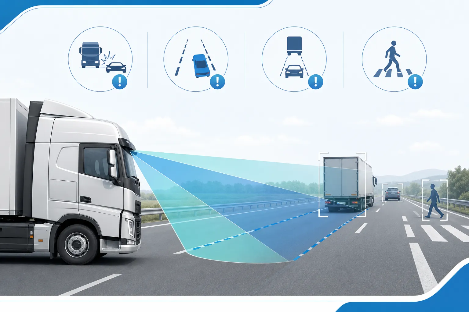 Illustration du fonctionnement ADAS : caméra route analysant collision, lignes, distance et piétons devant un camion
