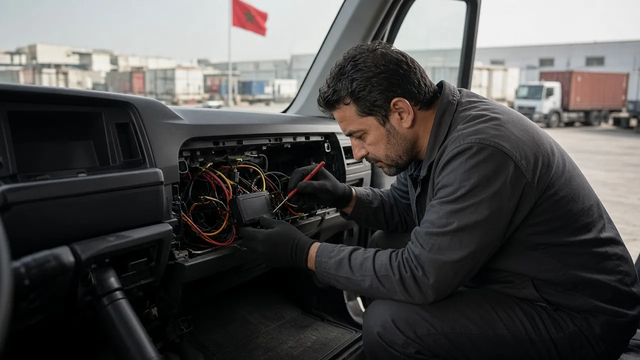 Technicien installant un tracker GPS sur un camion professionnel au Maroc