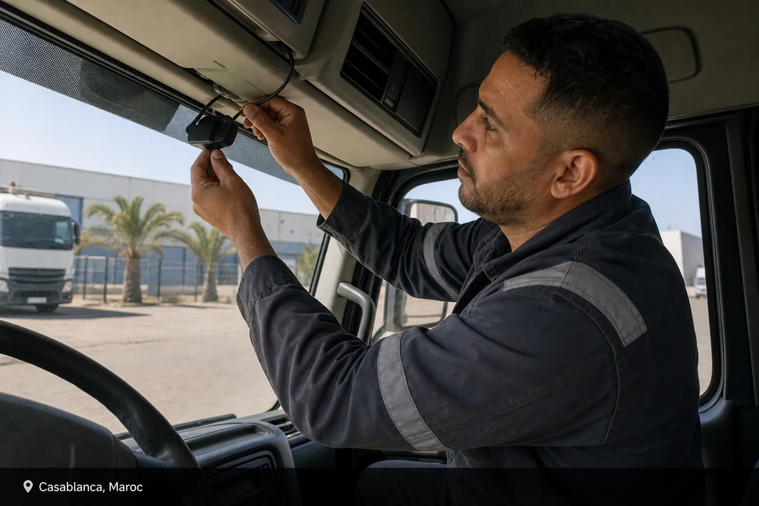 Technicien installant une caméra télématique sur un camion professionnel au Maroc