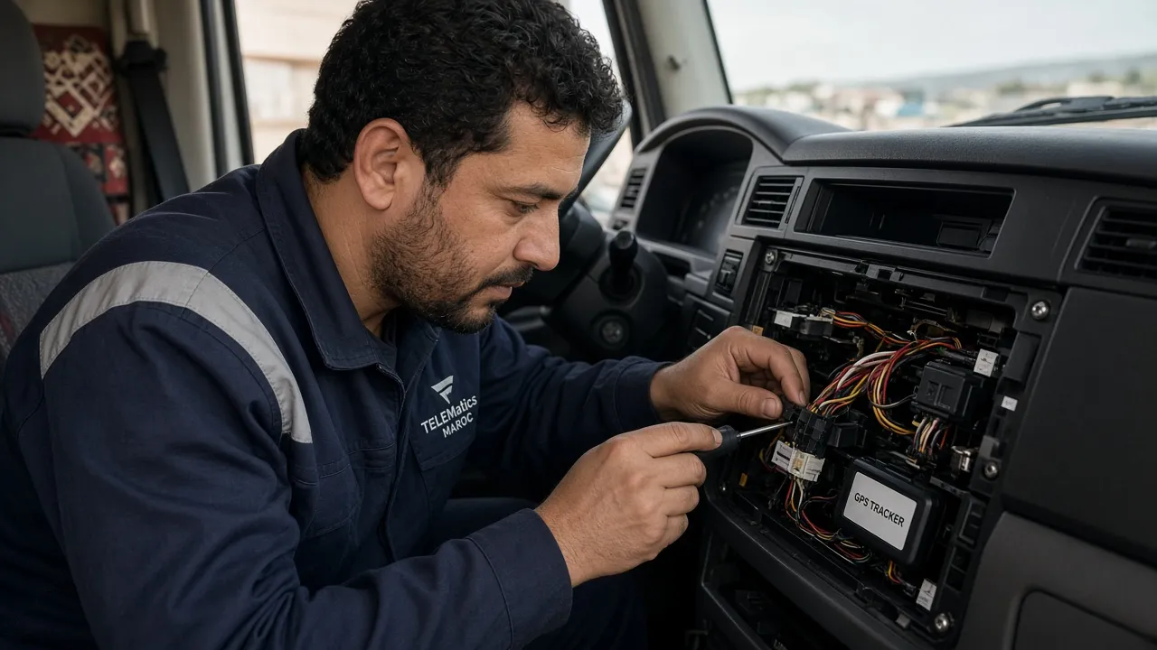 Technicien réalisant l'installation d'un système GPS sur un camion au Maroc