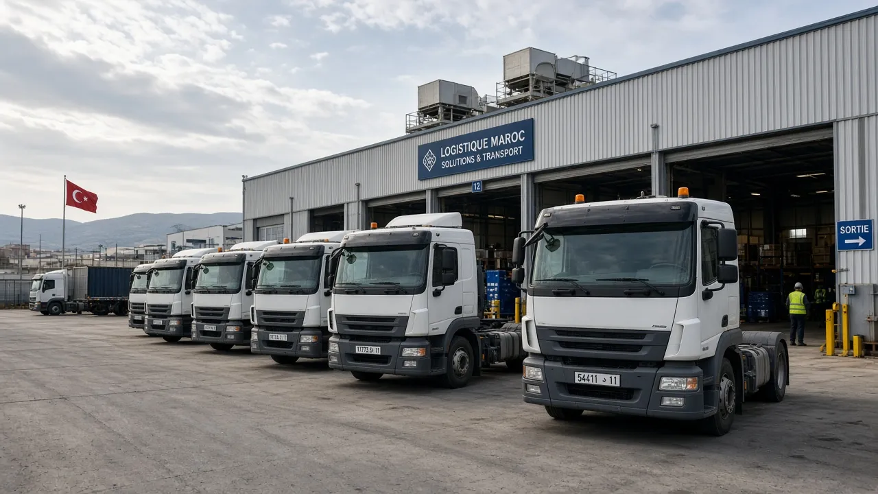 Flotte de poids lourds dans un environnement logistique à Tanger équipée de solutions GPS