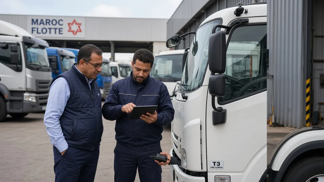 Équipe GeoBox préparant l'installation GPS et télématique d'une flotte professionnelle au Maroc