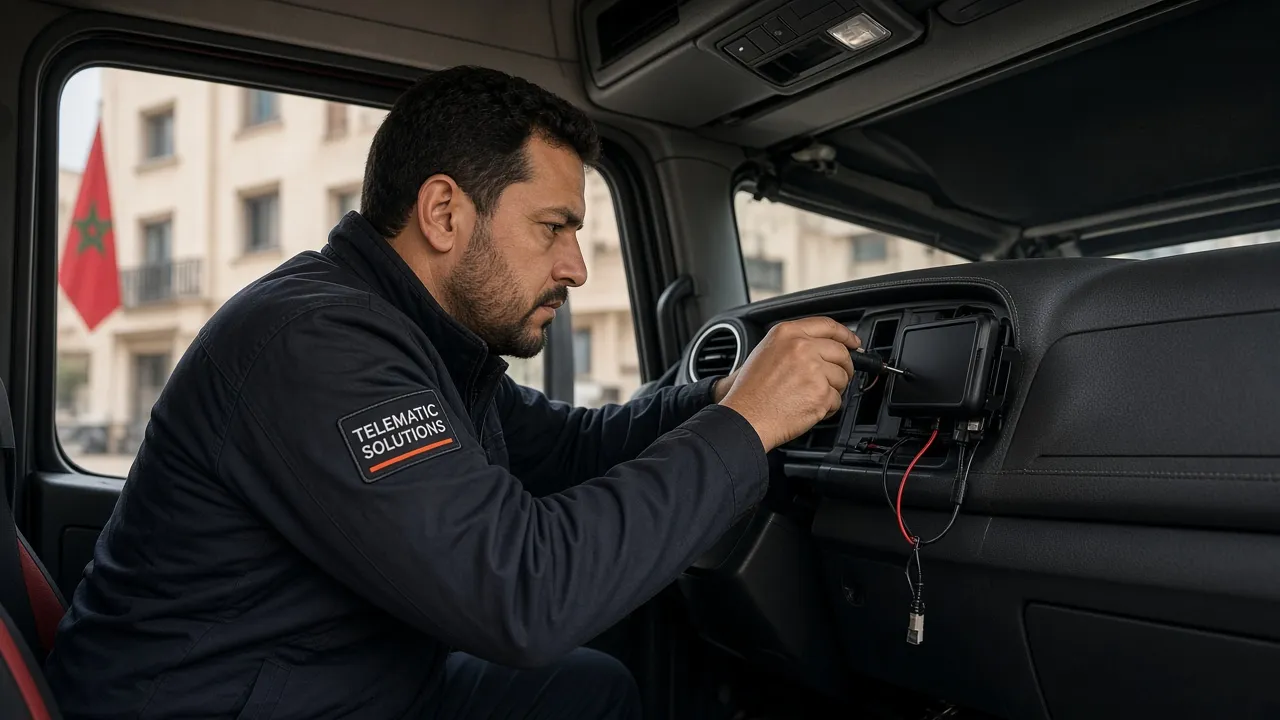 Installateur GPS professionnel configurant un système télématique sur camion au Maroc