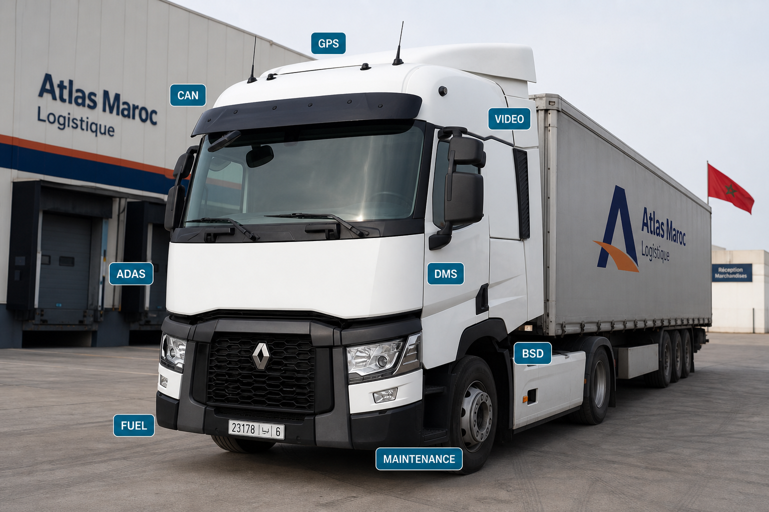 Camion professionnel illustrant GPS, CAN, vidéo, sécurité, carburant et maintenance