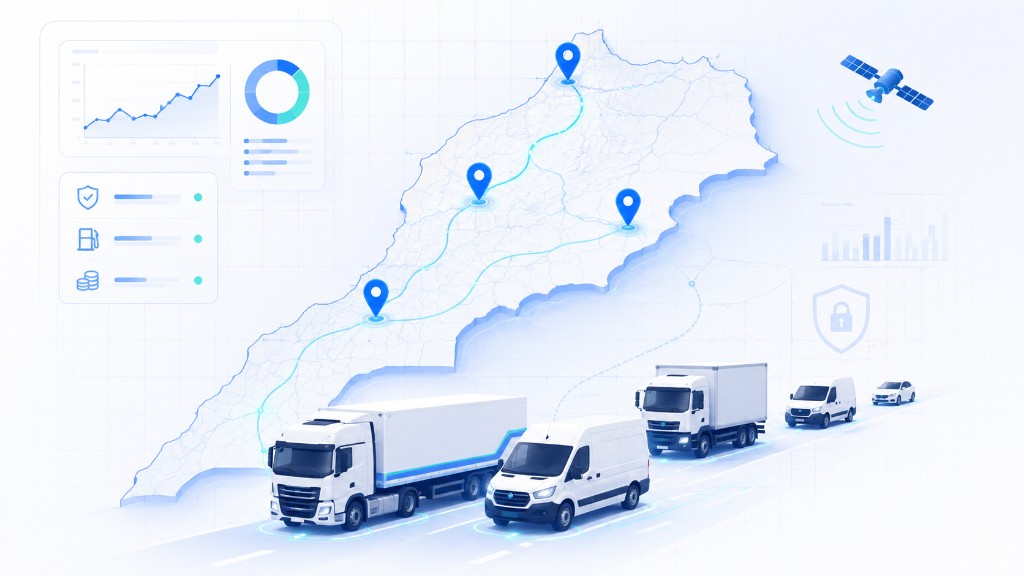 Illustration 3D d une flotte de camions et utilitaires suivis par GPS sur une carte du Maroc avec tableaux de bord de pilotage.