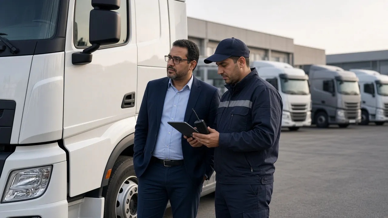 Responsable flotte et technicien télématique préparant l'équipement GPS d'un camion au Maroc