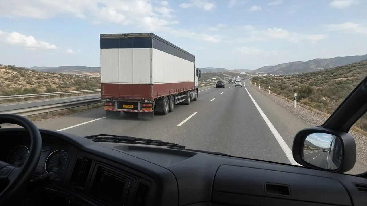 Vue depuis la cabine d'un camion illustrant l'environnement analysé par un système ADAS