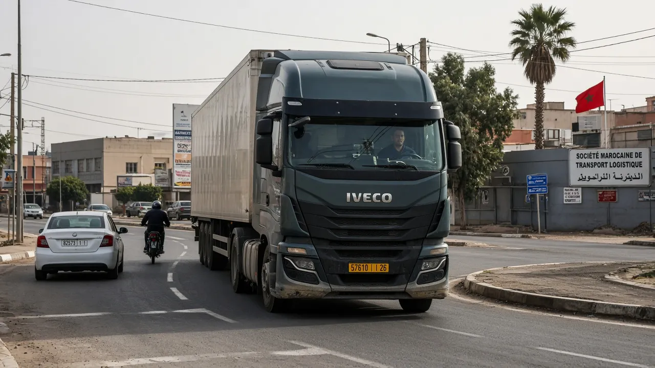 Poids lourd circulant dans un environnement routier complexe au Maroc