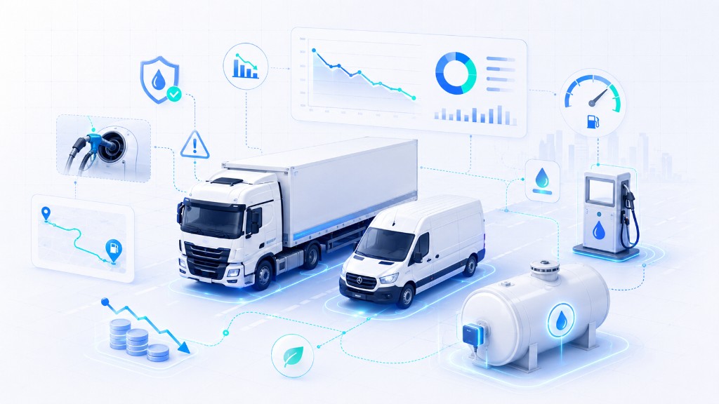 Illustration du suivi carburant flotte avec camion, utilitaire, pompe et indicateurs de consommation et d économies.