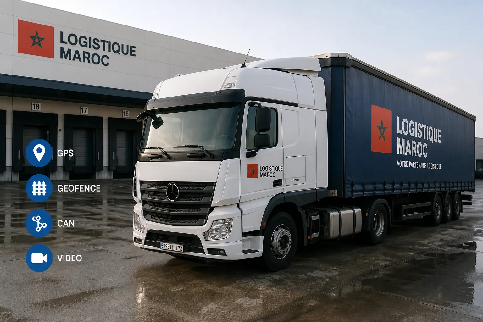 Camion connecté illustrant GPS, géofencing, CAN et vidéo pour la logistique au Maroc