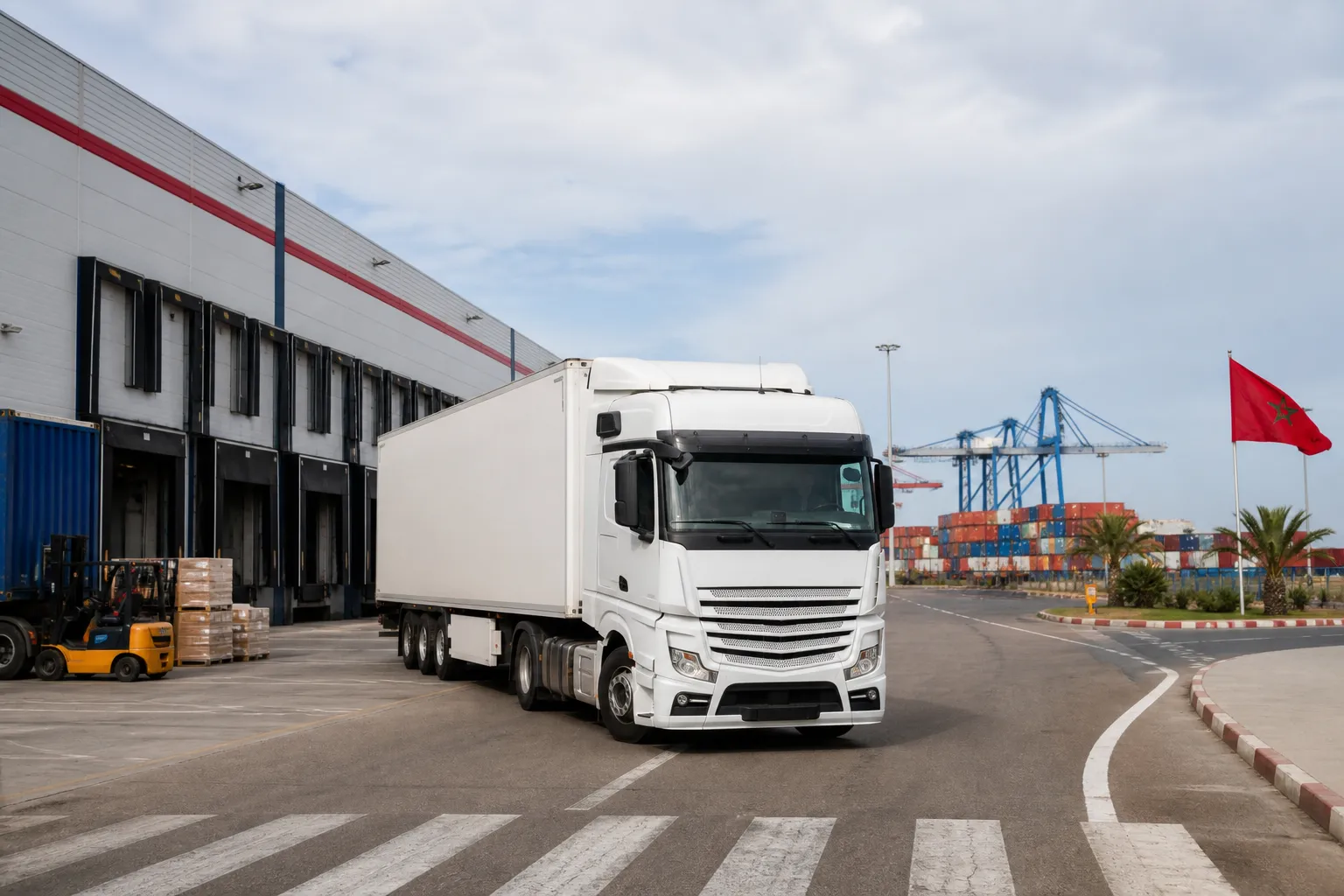 Camion quittant une plateforme logistique au Maroc dans une chaîne de transport connectée