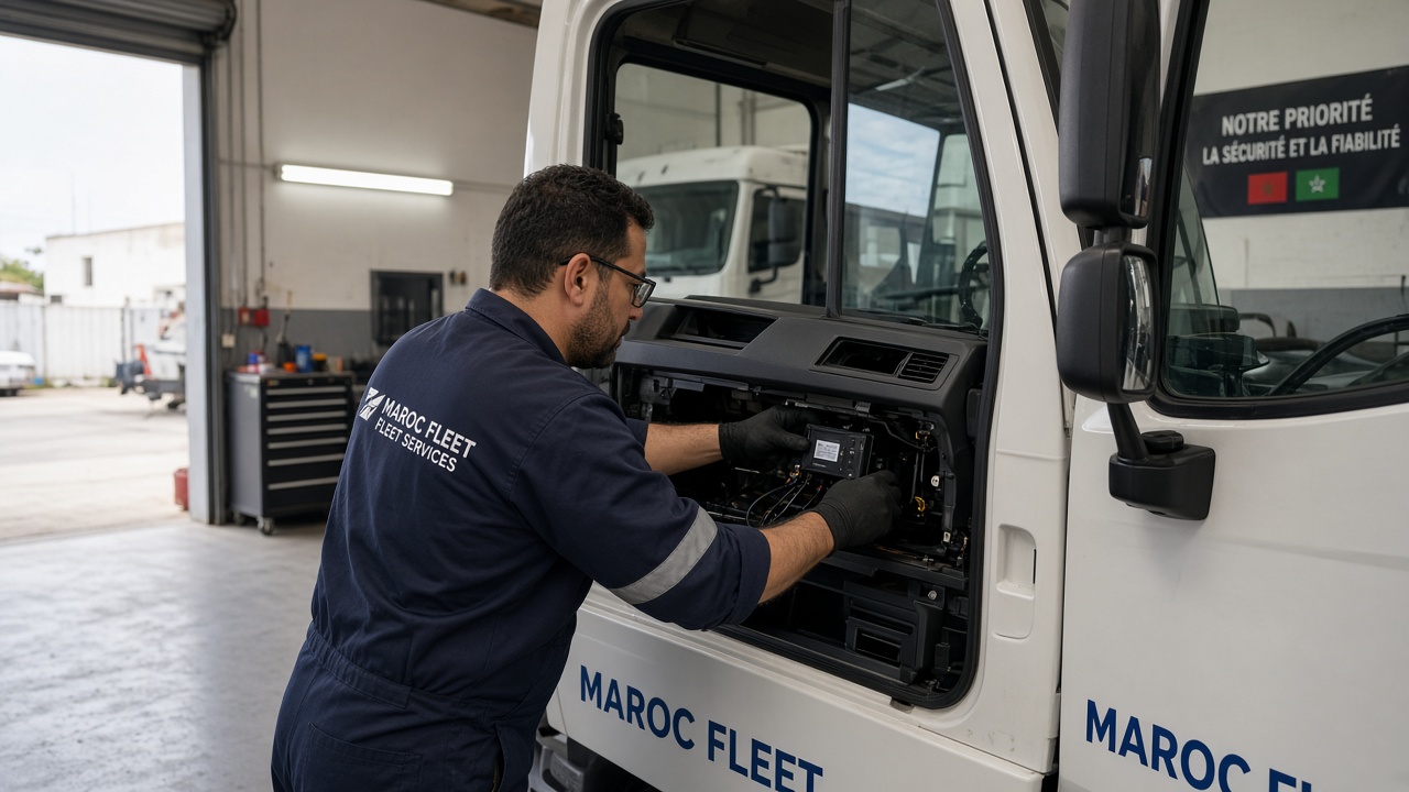 Technicien installant un système de traceur GPS sur un véhicule professionnel au Maroc