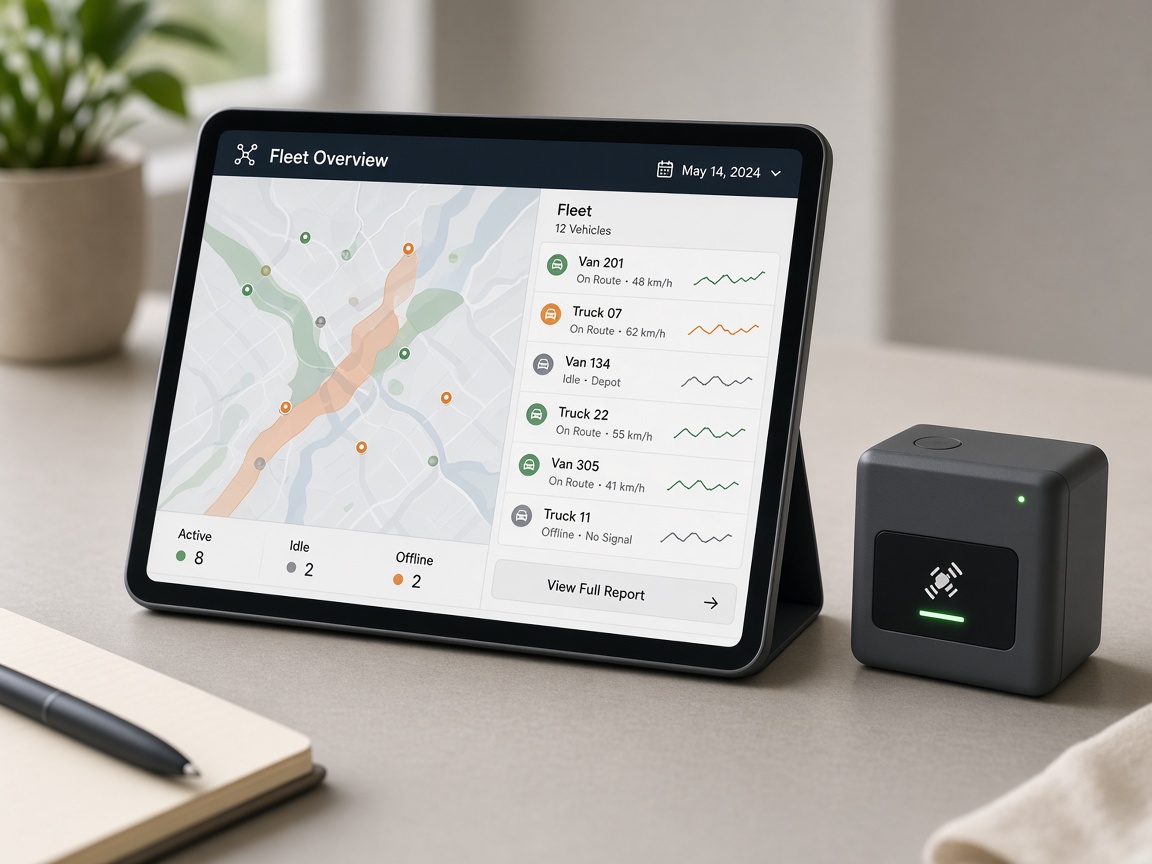 Infographie conceptuelle de plateforme de gestion de flotte avec traceur GPS — non un screenshot réel